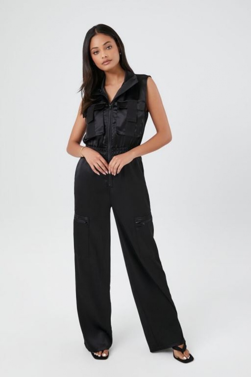 Jumpsuits Forever 21 Satin Zip Up Utility Jumpsuit Mujer Negras | M2oN0ip3Bd7