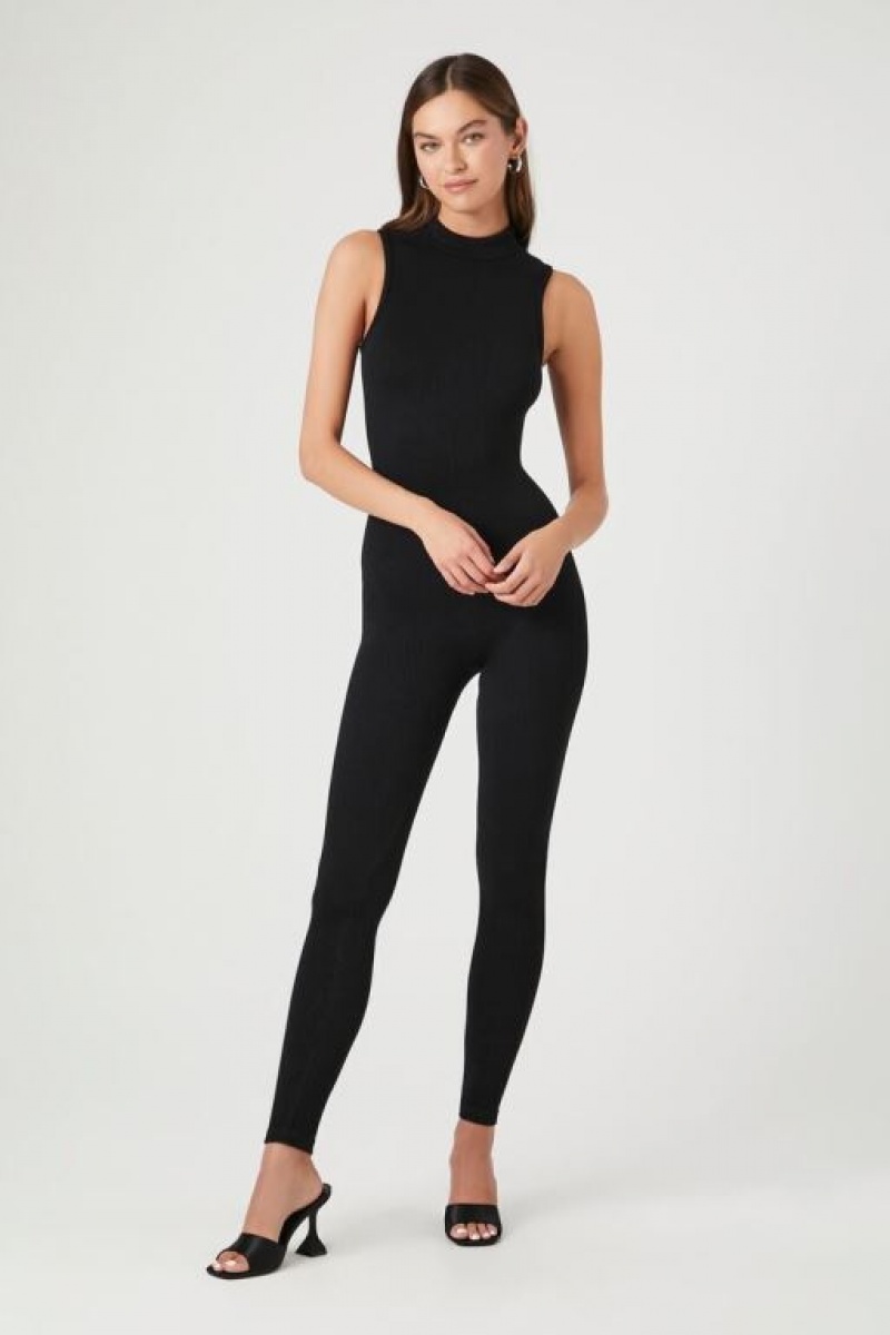 Jumpsuits Forever 21 Seamless Mock Neck Jumpsuit Mujer Negras | NbcQ4BexIgB