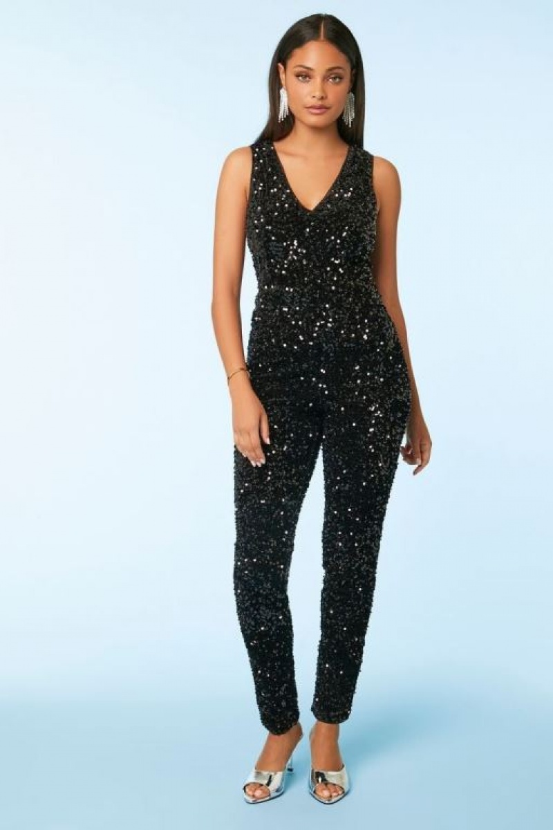 Jumpsuits Forever 21 Sequin Sleeveless Jumpsuit Mujer Negras | L4x6dLC7PCP