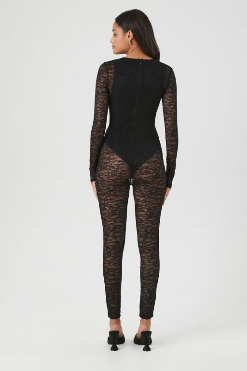 Jumpsuits Forever 21 Sheer Lace Jumpsuit Mujer Negras | GQ2DyJyyg8v