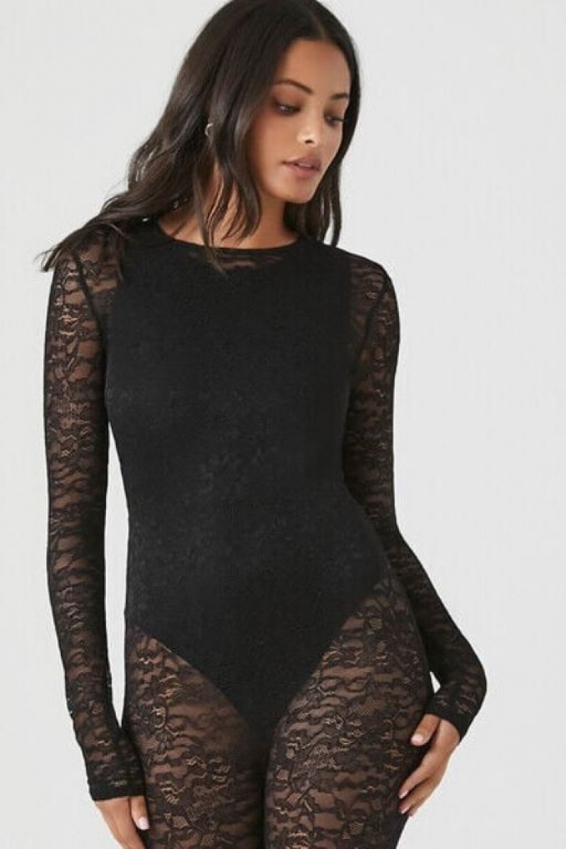 Jumpsuits Forever 21 Sheer Lace Jumpsuit Mujer Negras | GQ2DyJyyg8v