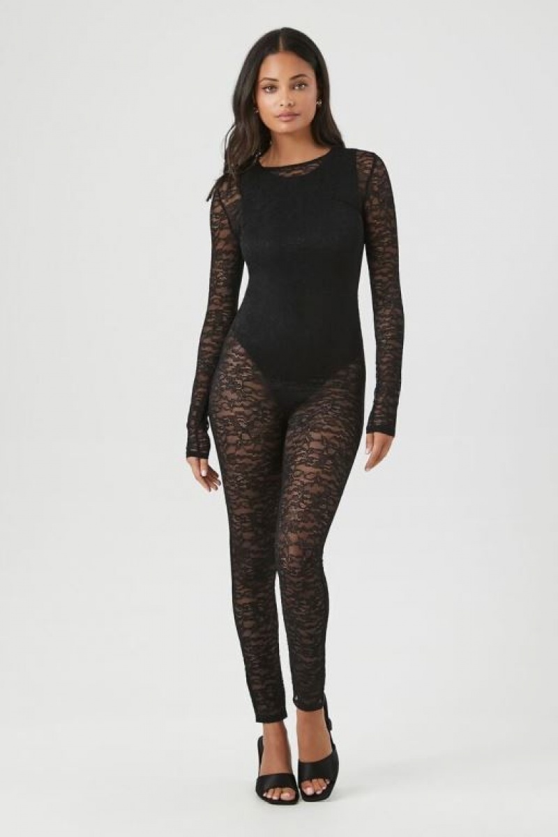 Jumpsuits Forever 21 Sheer Lace Jumpsuit Mujer Negras | GQ2DyJyyg8v