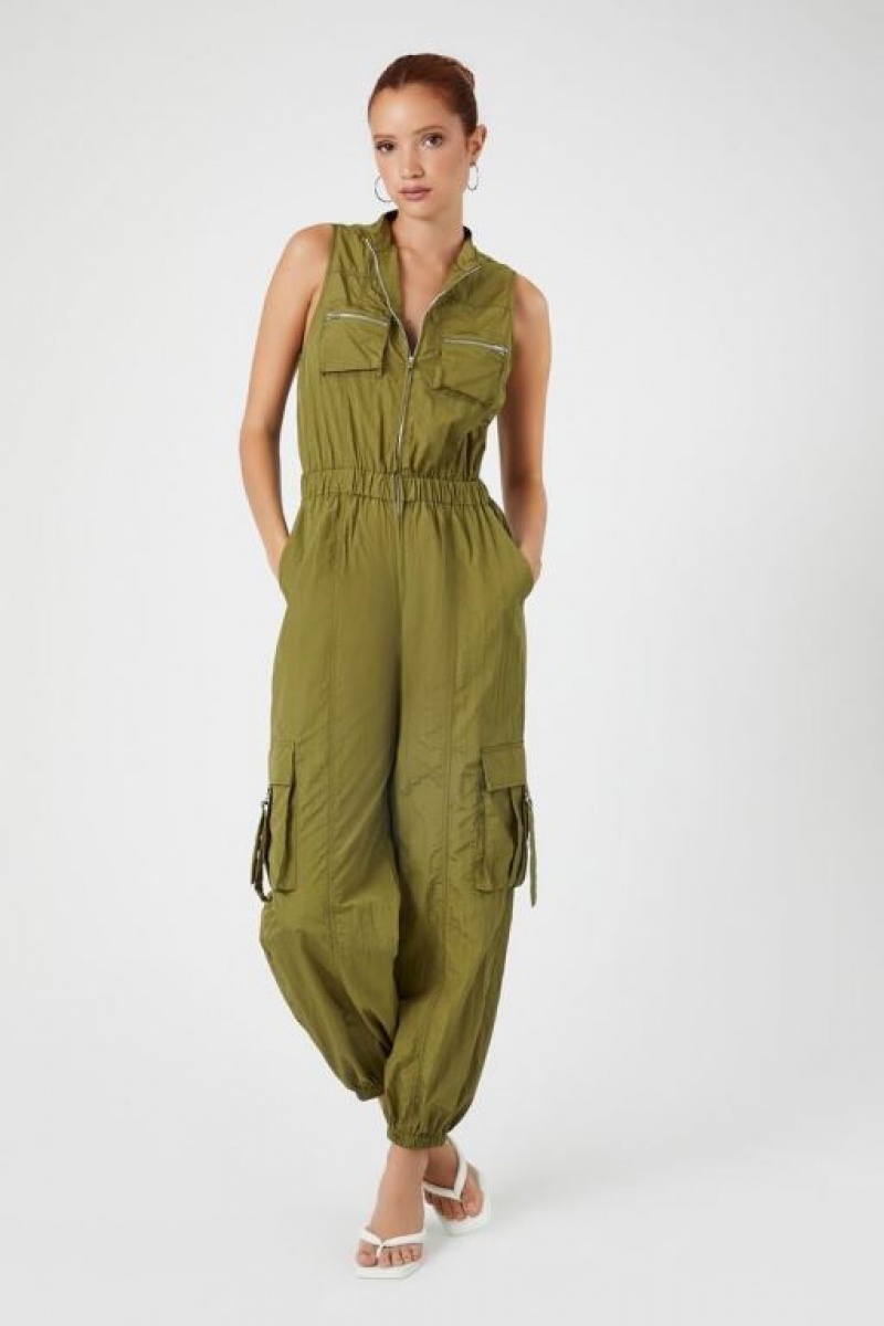 Jumpsuits Forever 21 Sleeveless Cargo Jumpsuit Mujer Olivine | Yry4uEwXUhv