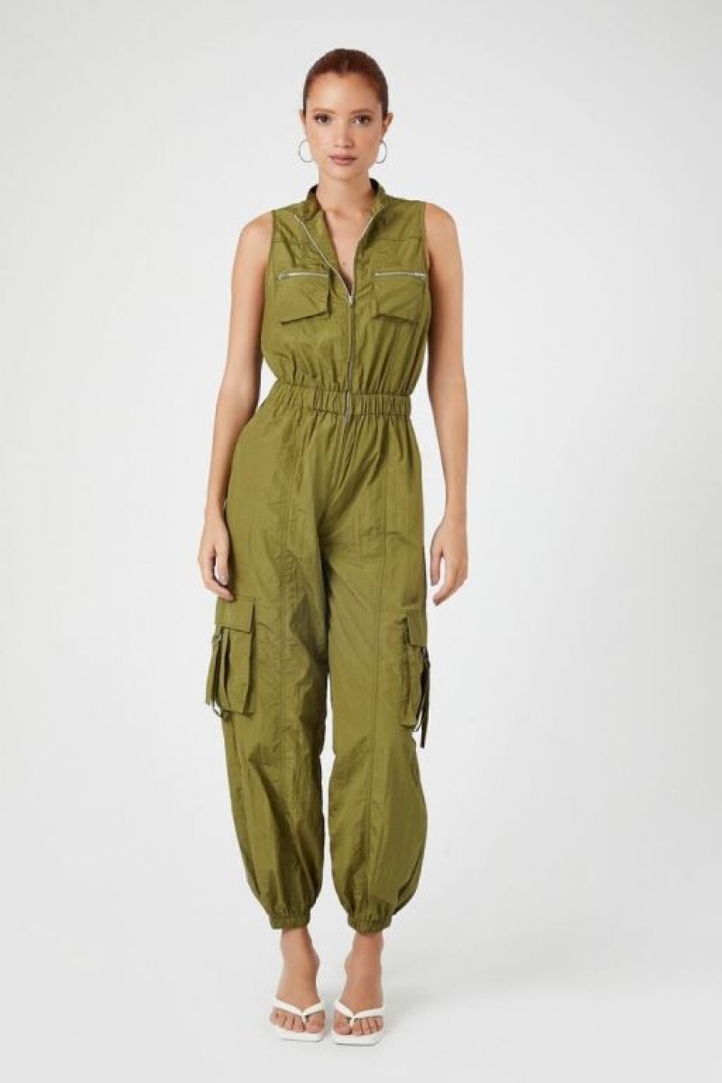 Jumpsuits Forever 21 Sleeveless Cargo Jumpsuit Mujer Olivine | Yry4uEwXUhv