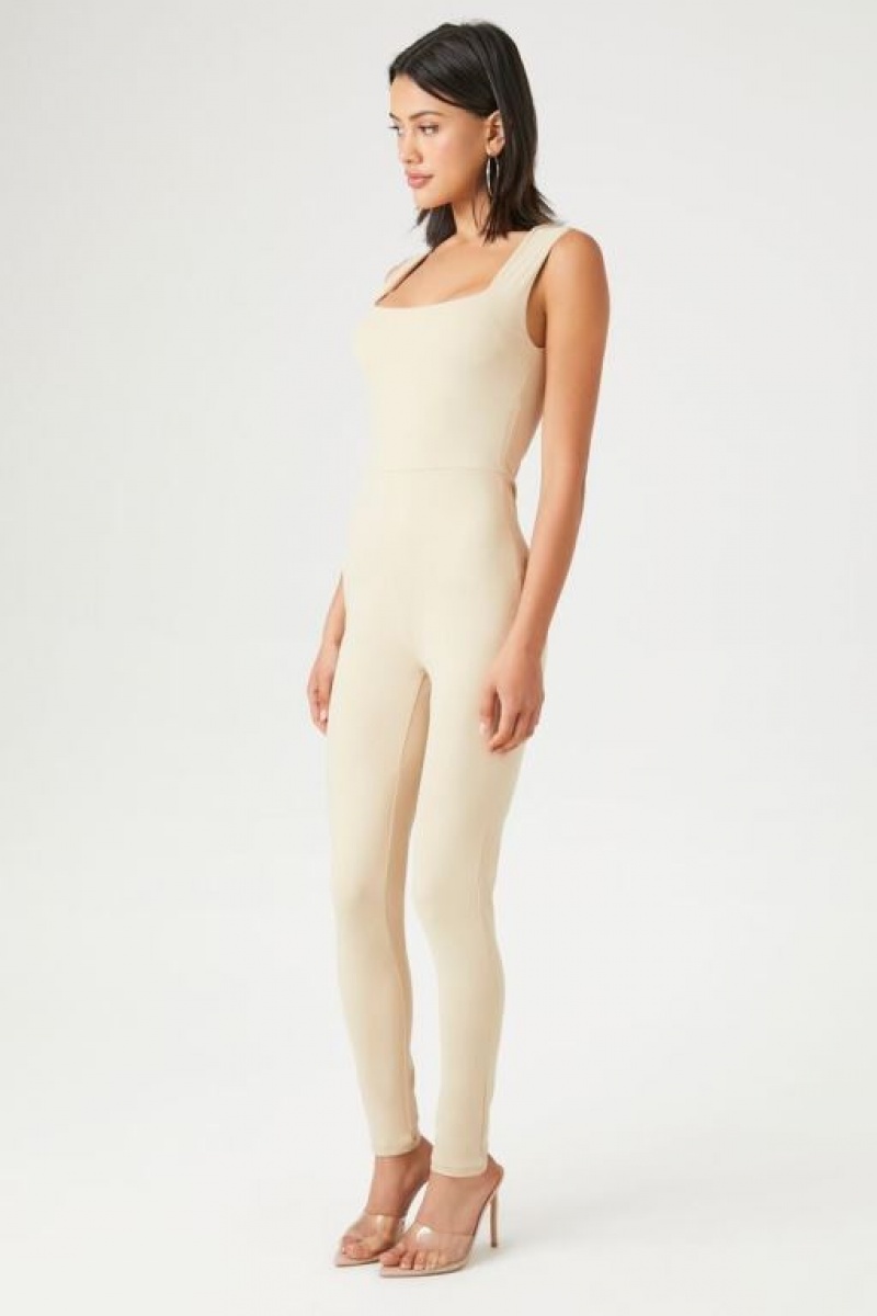 Jumpsuits Forever 21 Sleeveless Fitted Jumpsuit Mujer Beige | qFXEKhuEd0v