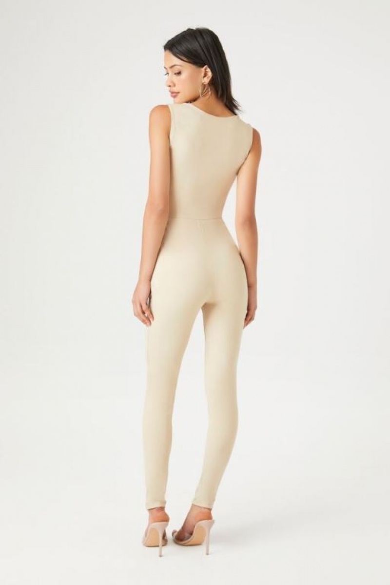 Jumpsuits Forever 21 Sleeveless Fitted Jumpsuit Mujer Beige | qFXEKhuEd0v