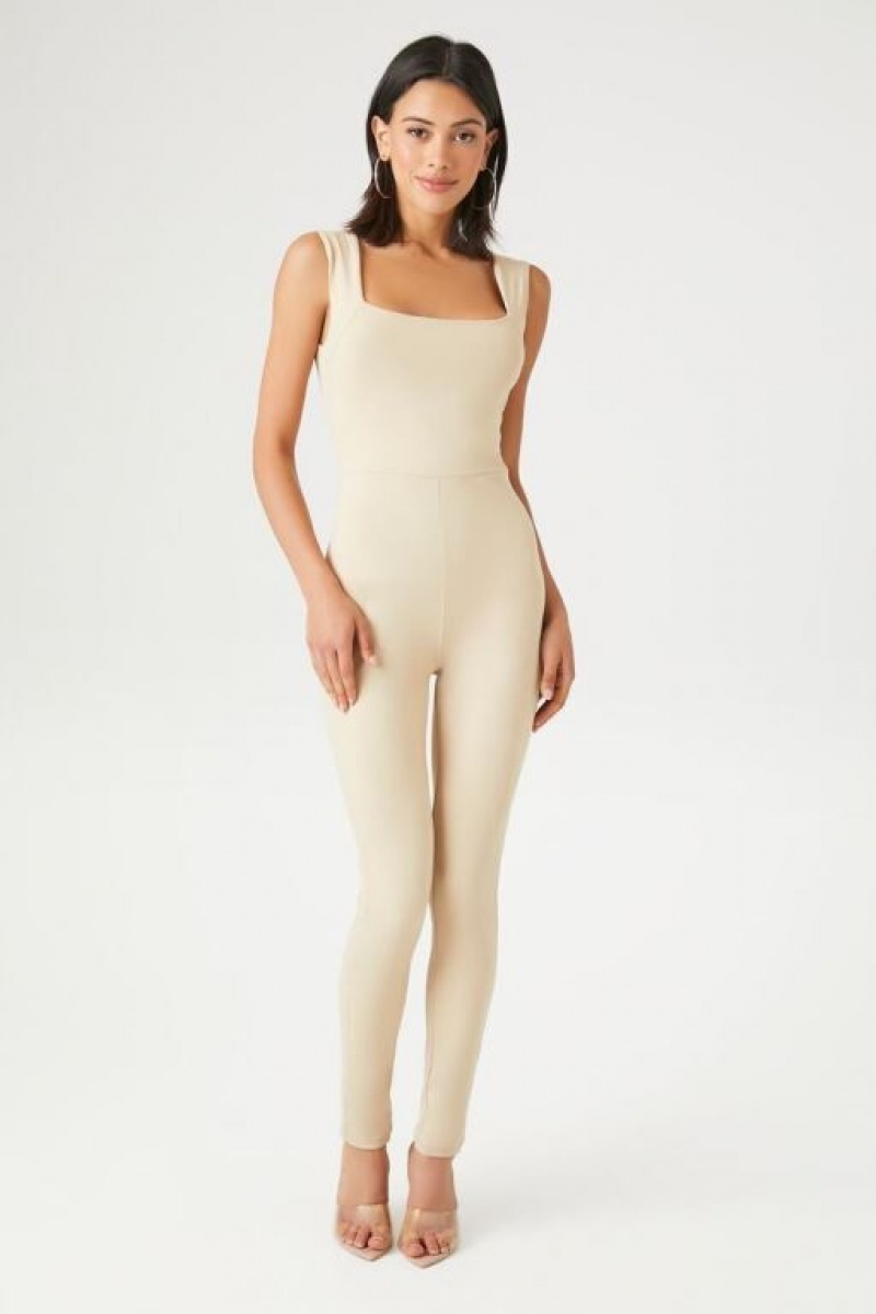 Jumpsuits Forever 21 Sleeveless Fitted Jumpsuit Mujer Beige | qFXEKhuEd0v