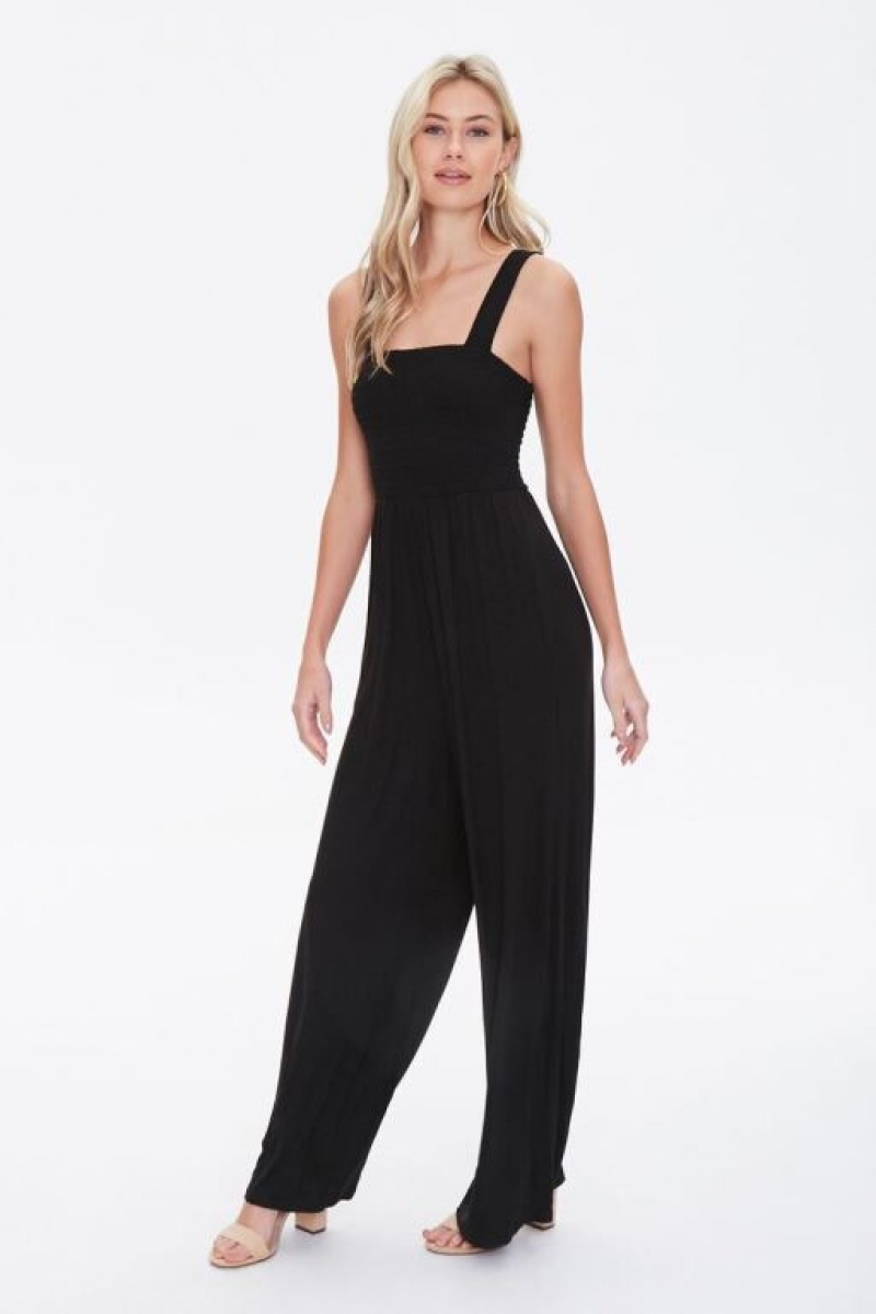 Jumpsuits Forever 21 Smocked Wide Leg Jumpsuit Mujer Negras | gmOPDl3LCNA