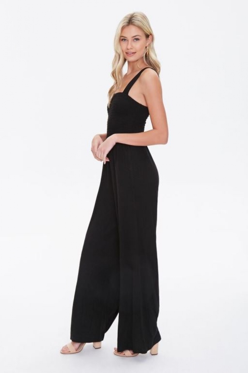 Jumpsuits Forever 21 Smocked Wide Leg Jumpsuit Mujer Negras | gmOPDl3LCNA