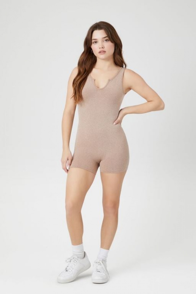 Jumpsuits Forever 21 Split Neck Fitted Romper Mujer Beige | FnPvBo9bOOZ