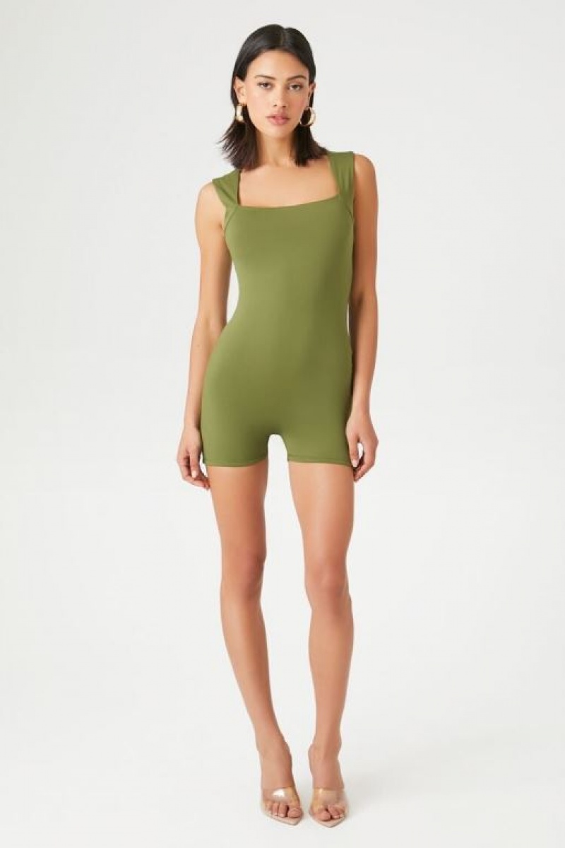 Jumpsuits Forever 21 Square Neck Tank Romper Mujer Gris Verde | 0TfuwOVyqGA