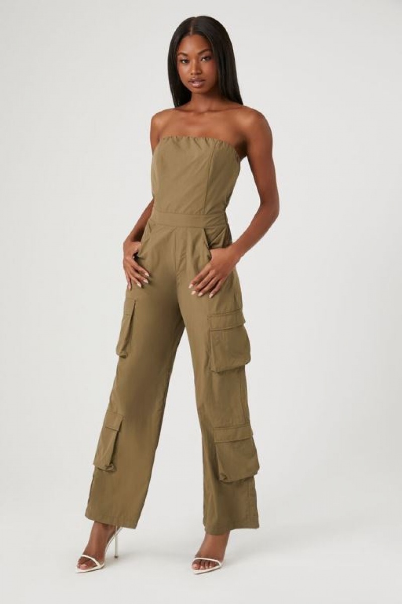 Jumpsuits Forever 21 Strapless Cargo Jumpsuit Mujer Verde Oliva | oXPDz6z93Qk