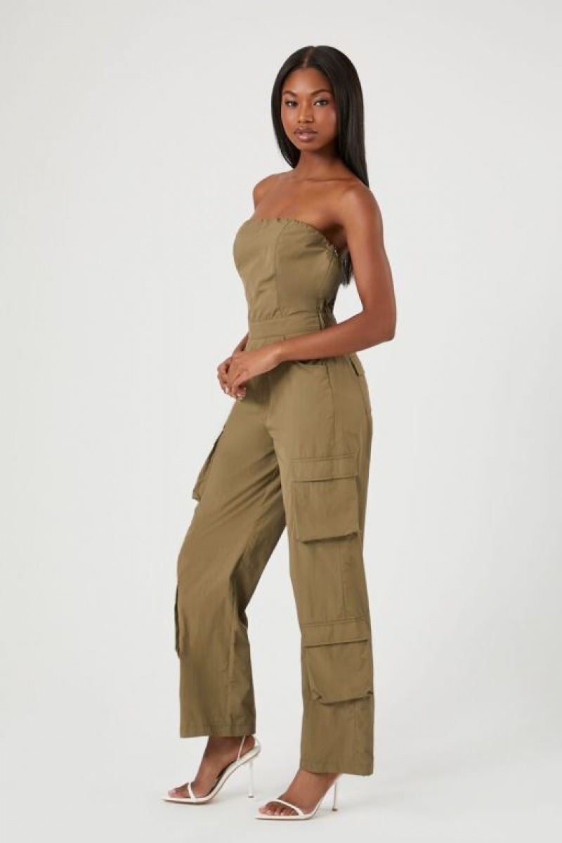 Jumpsuits Forever 21 Strapless Cargo Jumpsuit Mujer Verde Oliva | oXPDz6z93Qk