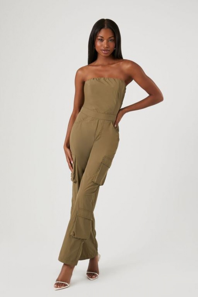 Jumpsuits Forever 21 Strapless Cargo Jumpsuit Mujer Verde Oliva | oXPDz6z93Qk