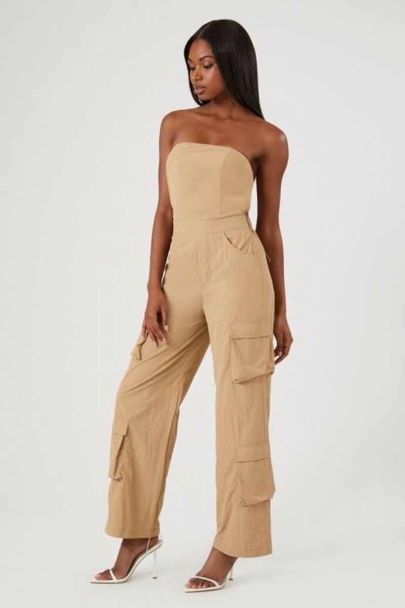 Jumpsuits Forever 21 Strapless Cargo Jumpsuit Mujer Kaki | u2Y4fPL5UFZ