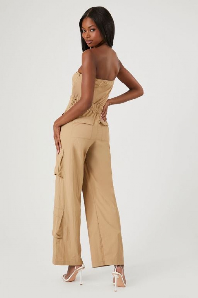 Jumpsuits Forever 21 Strapless Cargo Jumpsuit Mujer Kaki | u2Y4fPL5UFZ