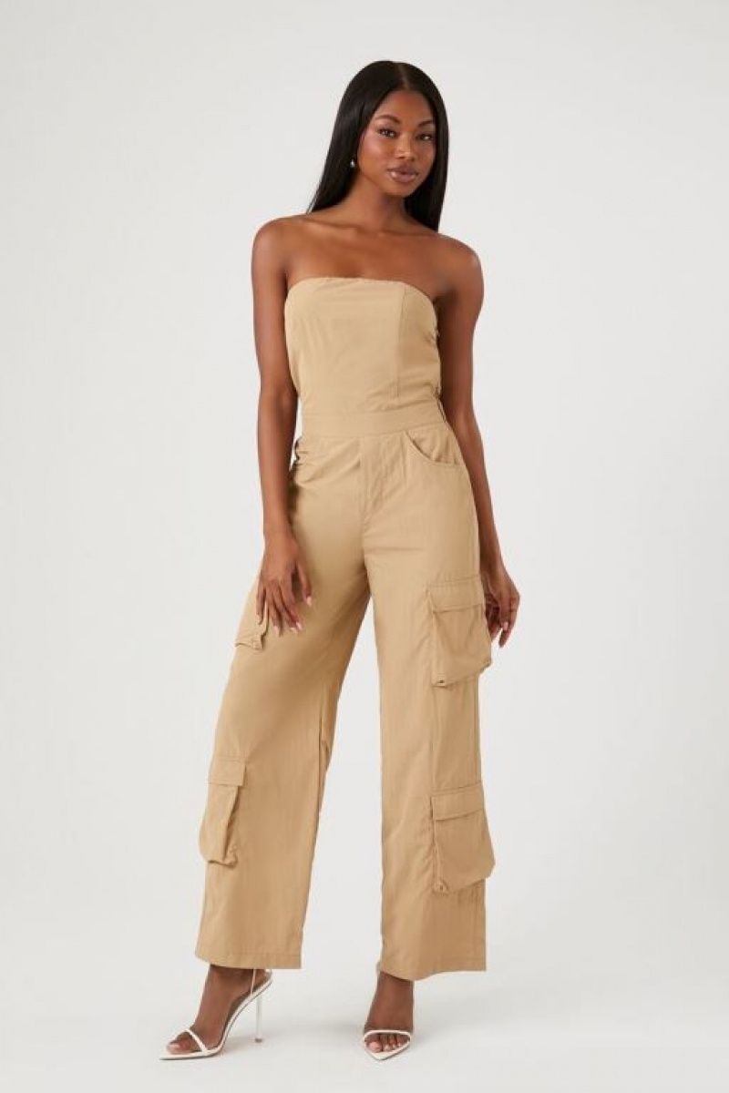 Jumpsuits Forever 21 Strapless Cargo Jumpsuit Mujer Kaki | u2Y4fPL5UFZ