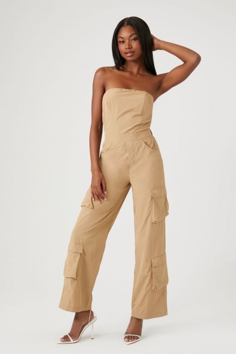 Jumpsuits Forever 21 Strapless Cargo Jumpsuit Mujer Kaki | u2Y4fPL5UFZ