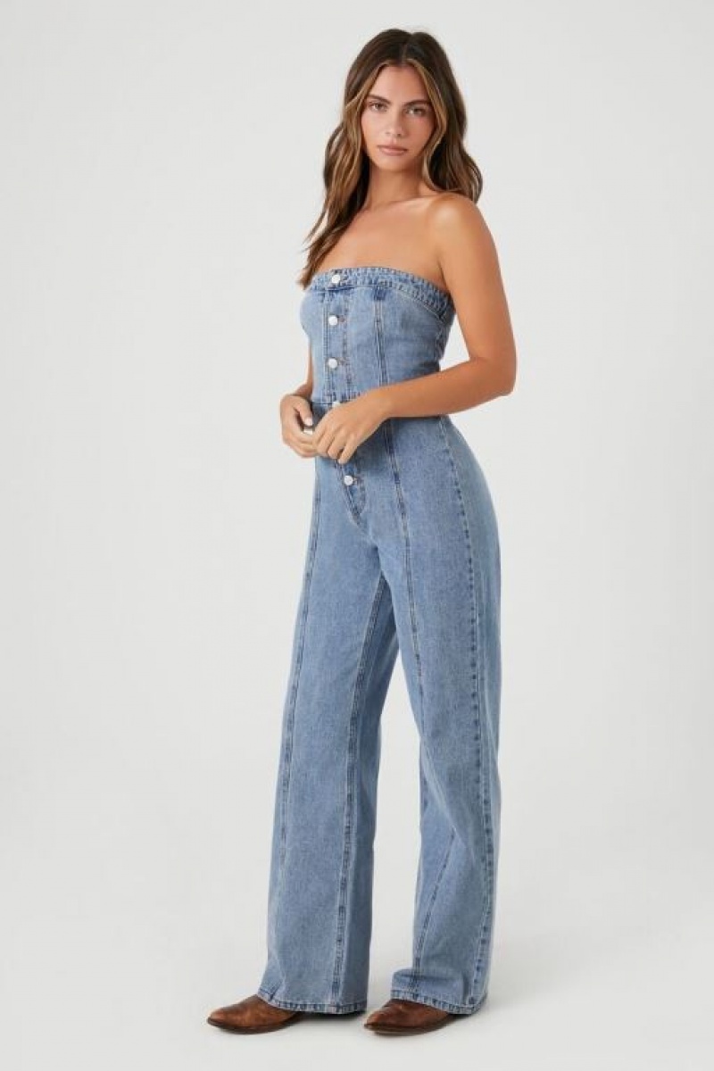 Jumpsuits Forever 21 Strapless Directo Leg Denim Jumpsuit Mujer Azules Claro | XV9tMuHIo6J