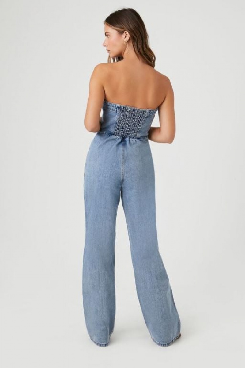 Jumpsuits Forever 21 Strapless Directo Leg Denim Jumpsuit Mujer Azules Claro | XV9tMuHIo6J