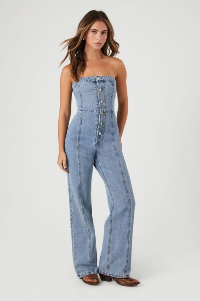 Jumpsuits Forever 21 Strapless Directo Leg Denim Jumpsuit Mujer Azules Claro | XV9tMuHIo6J