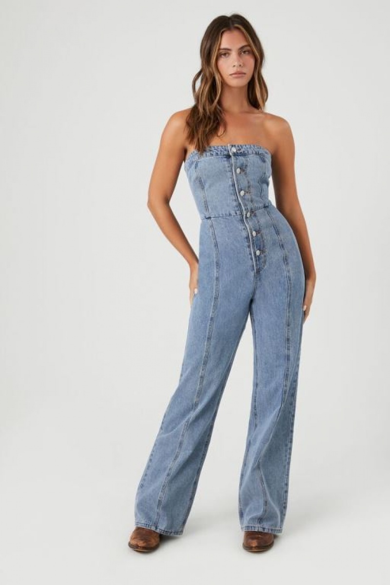 Jumpsuits Forever 21 Strapless Directo Leg Denim Jumpsuit Mujer Azules Claro | XV9tMuHIo6J