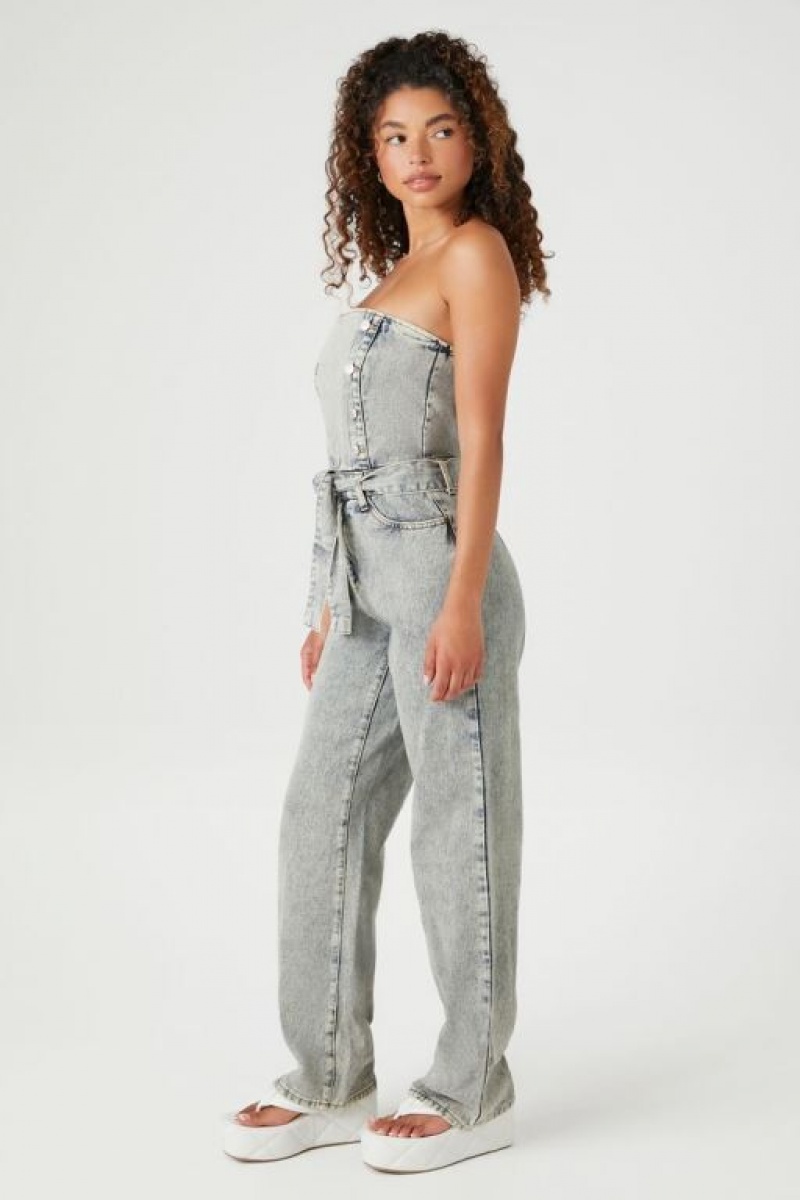 Jumpsuits Forever 21 Strapless Directo Leg Denim Jumpsuit Mujer Azules Claro | WbamJQ8n23q