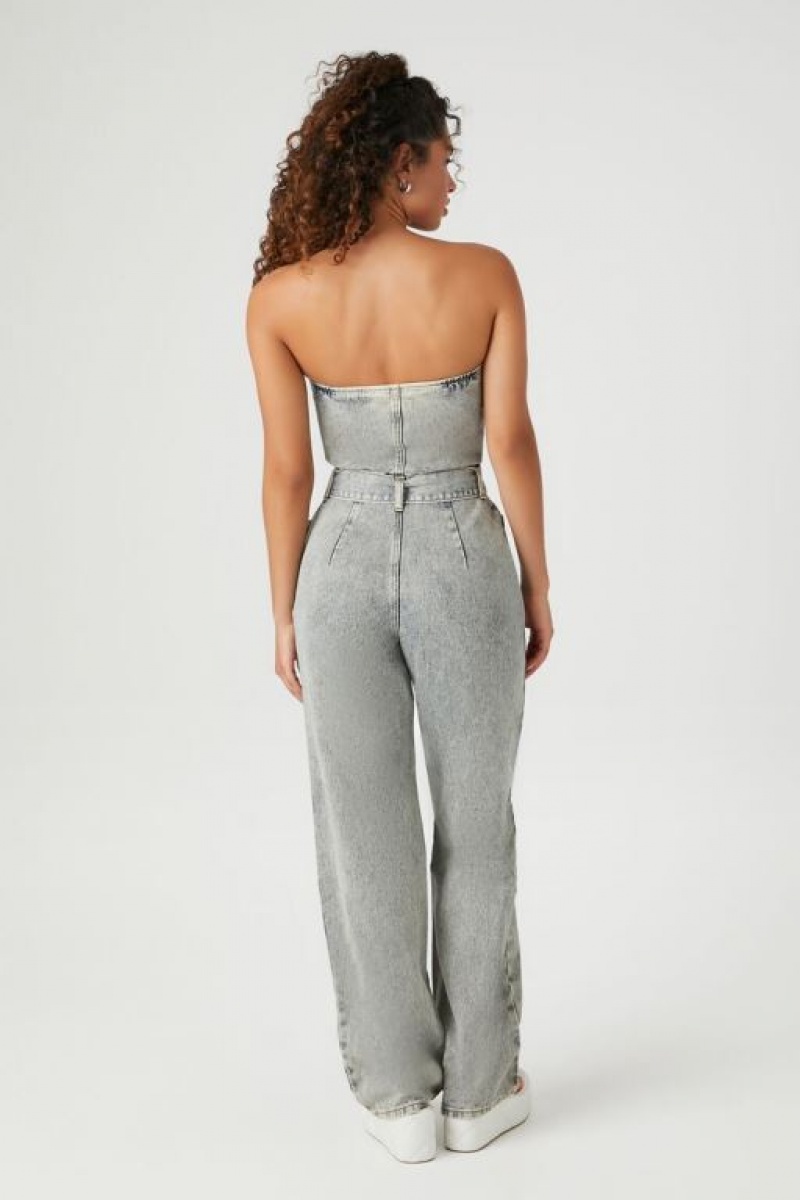 Jumpsuits Forever 21 Strapless Directo Leg Denim Jumpsuit Mujer Azules Claro | WbamJQ8n23q