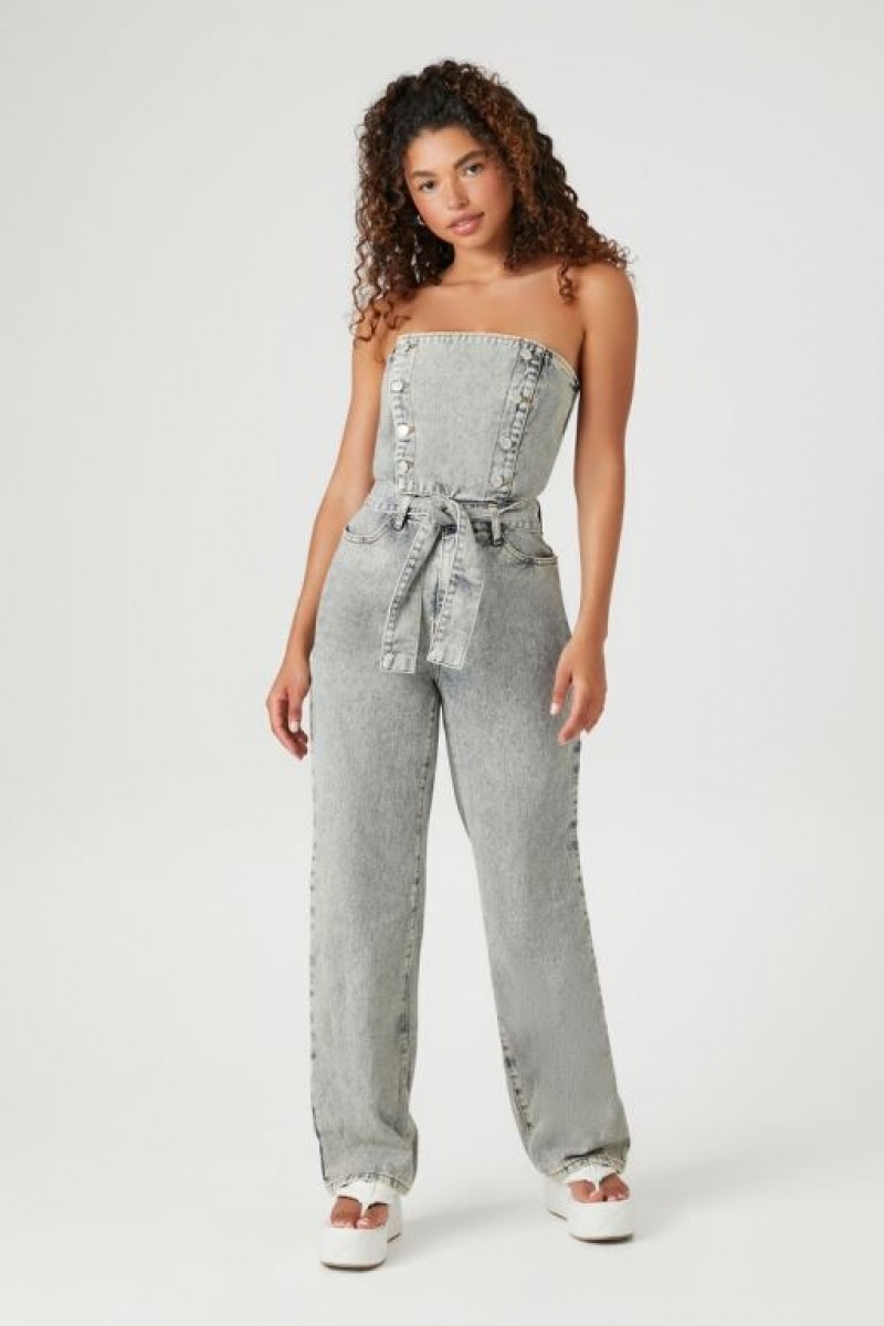 Jumpsuits Forever 21 Strapless Directo Leg Denim Jumpsuit Mujer Azules Claro | WbamJQ8n23q