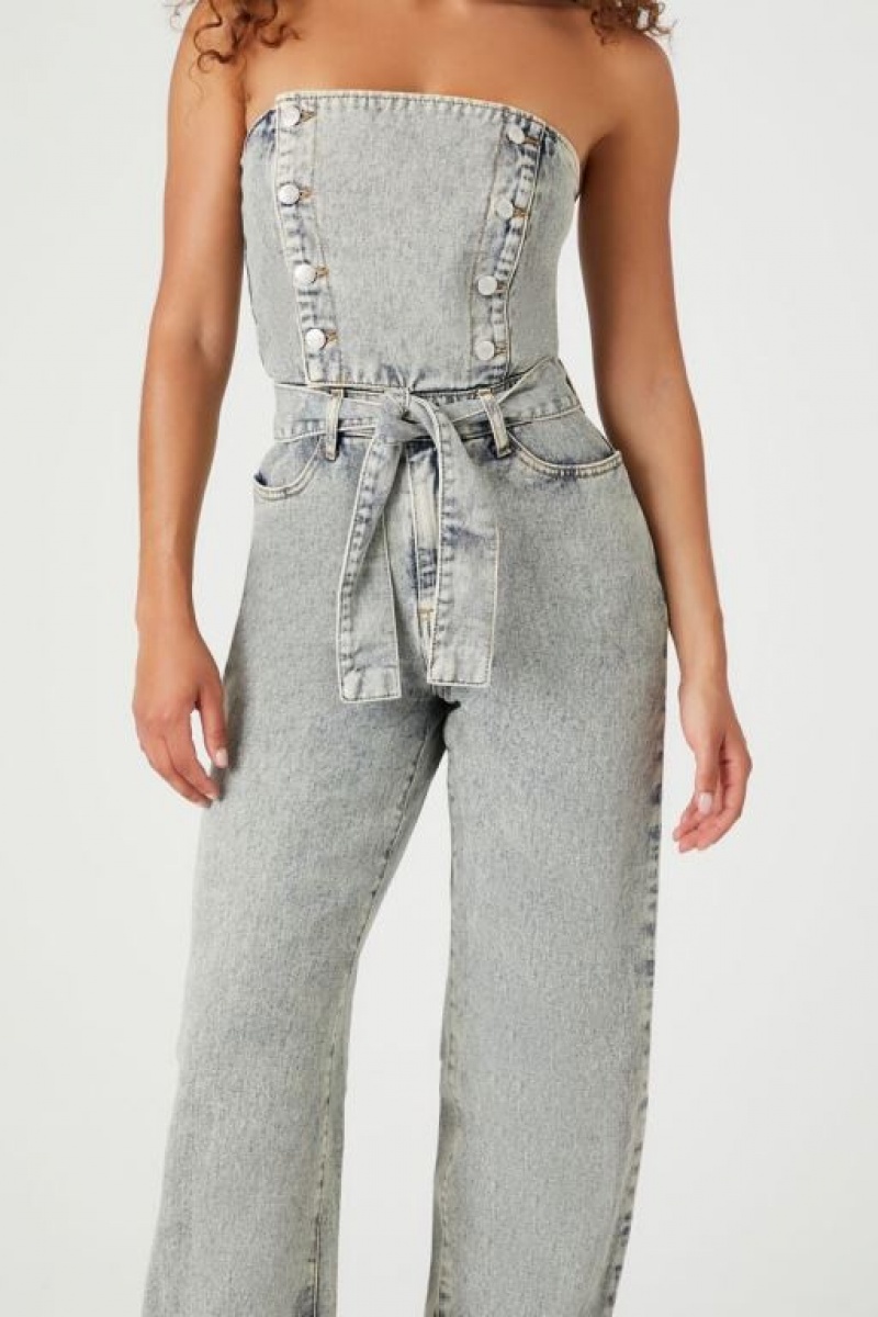 Jumpsuits Forever 21 Strapless Directo Leg Denim Jumpsuit Mujer Azules Claro | WbamJQ8n23q