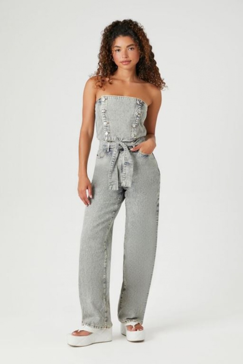 Jumpsuits Forever 21 Strapless Directo Leg Denim Jumpsuit Mujer Azules Claro | WbamJQ8n23q