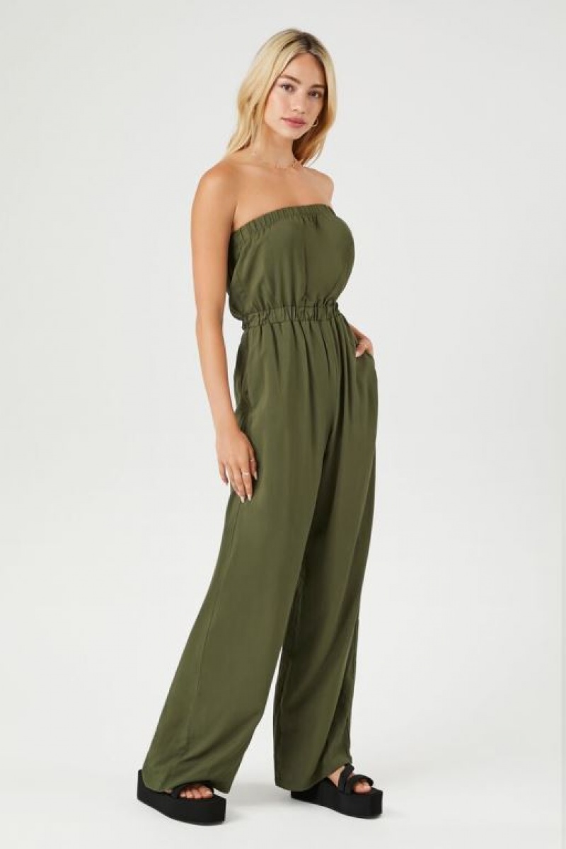 Jumpsuits Forever 21 Strapless Directo Leg Jumpsuit Mujer Verde Oliva | UZTVP44eQnK