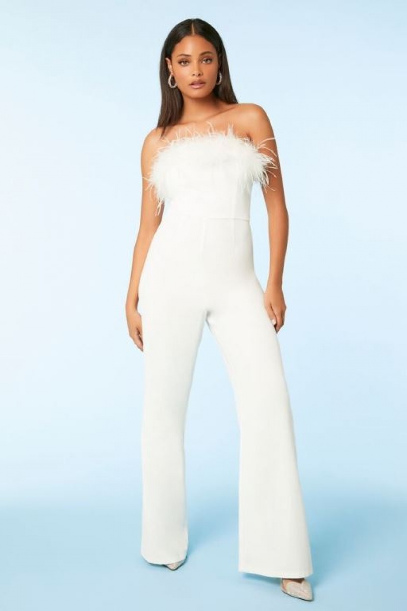 Jumpsuits Forever 21 Strapless Faux Fur Trim Jumpsuit Mujer Blancas | U0107bIjzAN