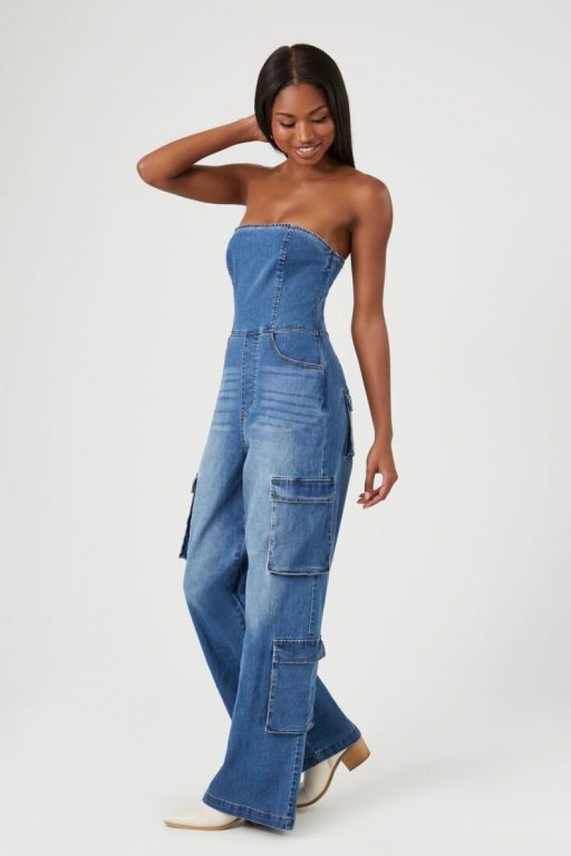 Jumpsuits Forever 21 Strapless Stretch Denim Jumpsuit Mujer Azules | rAEsoW49aof