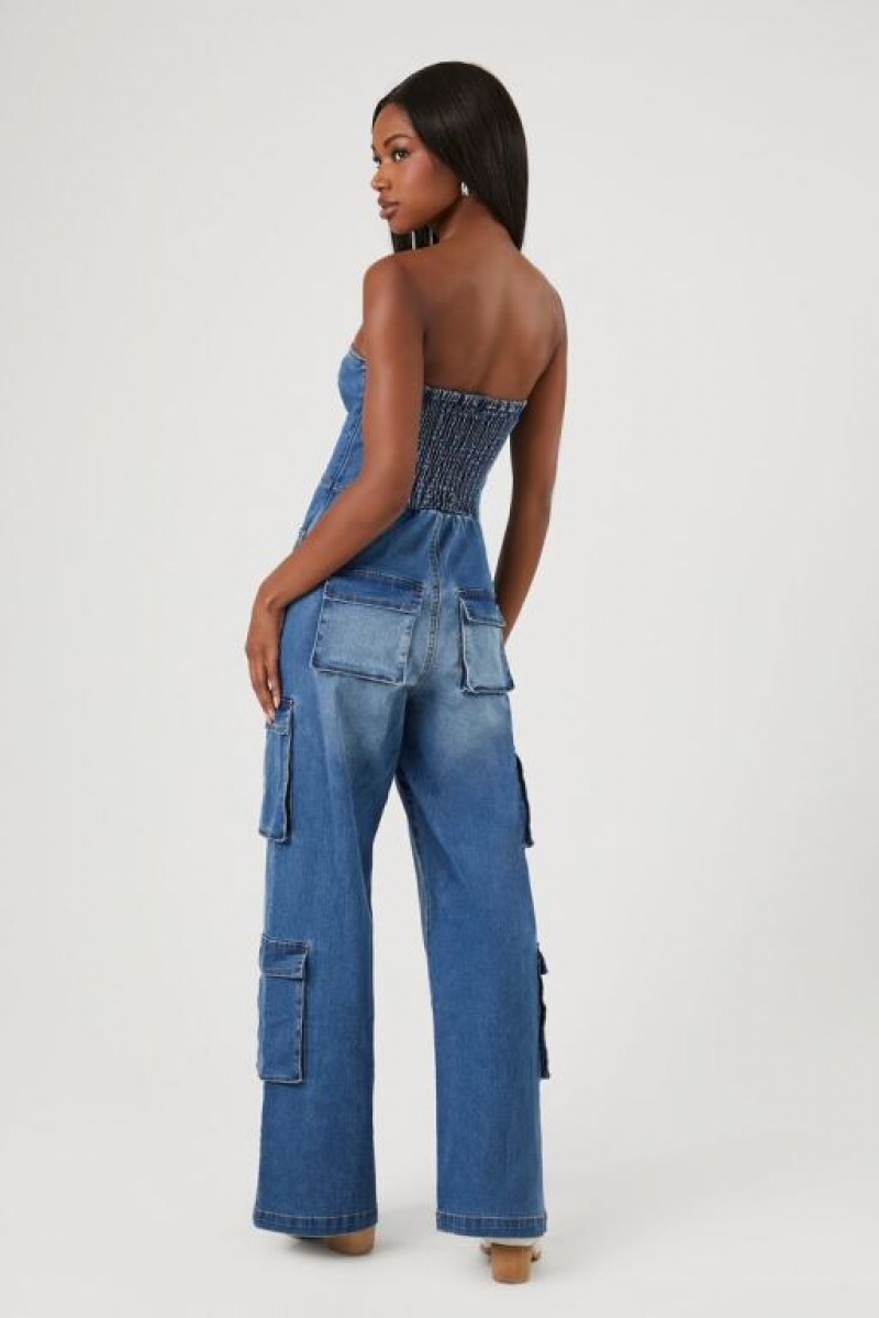 Jumpsuits Forever 21 Strapless Stretch Denim Jumpsuit Mujer Azules | rAEsoW49aof