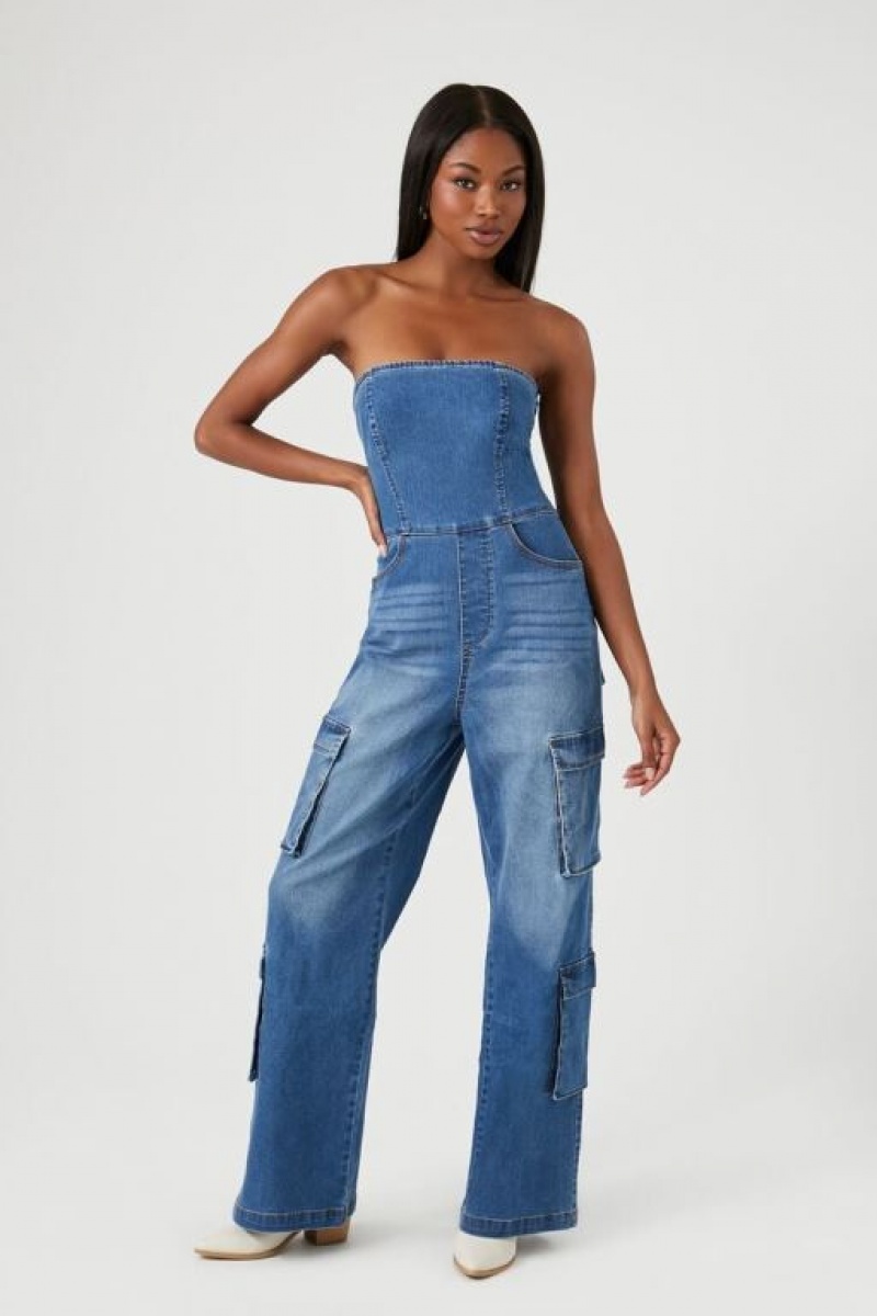 Jumpsuits Forever 21 Strapless Stretch Denim Jumpsuit Mujer Azules | rAEsoW49aof