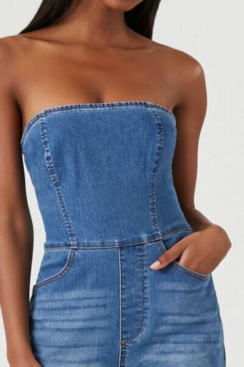 Jumpsuits Forever 21 Strapless Stretch Denim Jumpsuit Mujer Azules | rAEsoW49aof