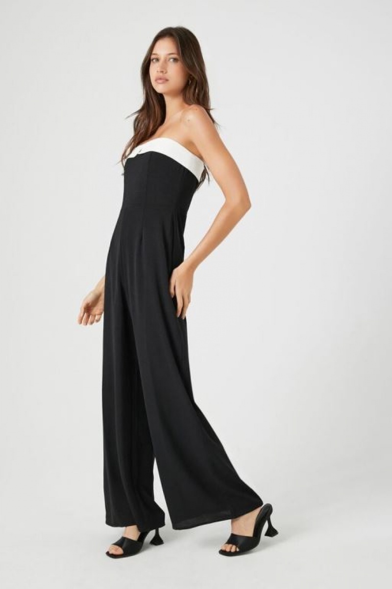 Jumpsuits Forever 21 Strapless Wide Leg Jumpsuit Mujer Negras Blancas | 5K6uL084T99