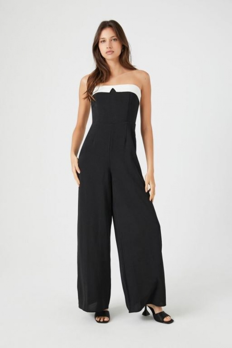 Jumpsuits Forever 21 Strapless Wide Leg Jumpsuit Mujer Negras Blancas | 5K6uL084T99