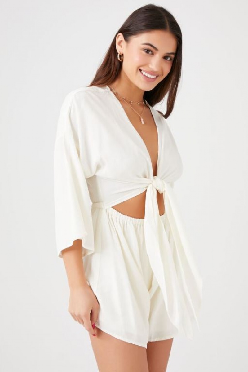 Jumpsuits Forever 21 Tie Front Cutout Romper Mujer Creme | QRrtYOZW5mw