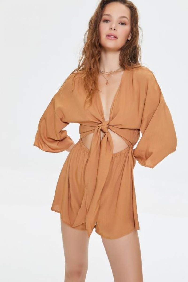 Jumpsuits Forever 21 Tie Front Cutout Romper Mujer Maple | cT7akLYDfA2