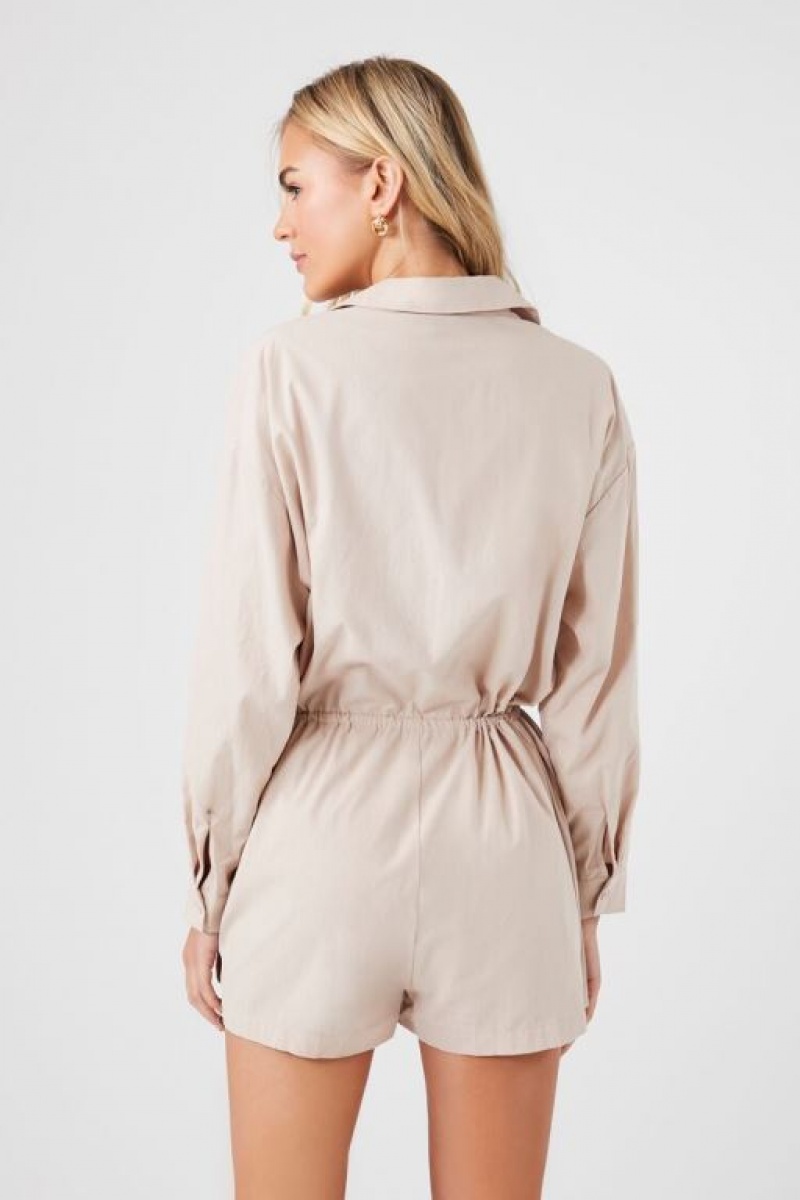 Jumpsuits Forever 21 Tie Waist Romper Mujer Beige | shhCNKnIWSE