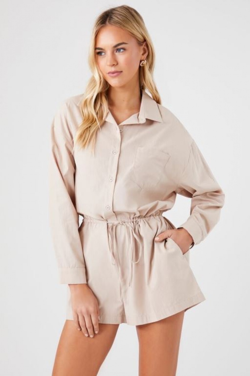 Jumpsuits Forever 21 Tie Waist Romper Mujer Beige | shhCNKnIWSE