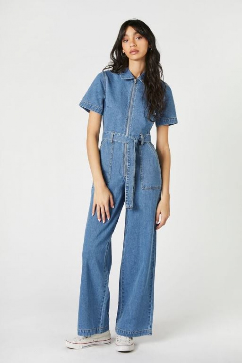 Jumpsuits Forever 21 Tie Waist Wide Leg Jumpsuit Mujer Azules | 9MIQmAleNU8