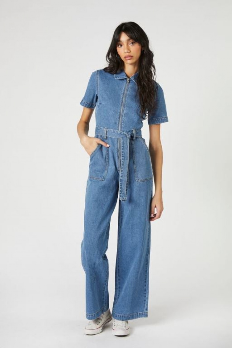 Jumpsuits Forever 21 Tie Waist Wide Leg Jumpsuit Mujer Azules | 9MIQmAleNU8