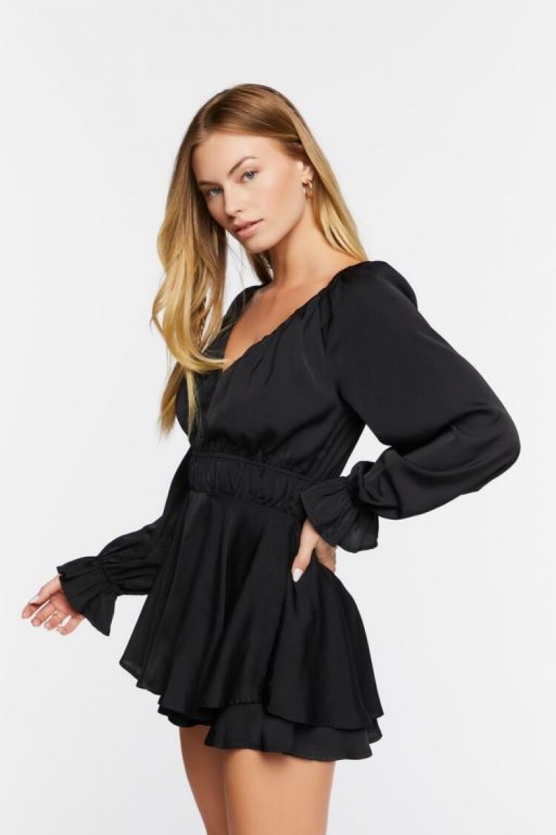 Jumpsuits Forever 21 Trumpet Sleeve Flounce Romper Mujer Negras | pRdHKSLKENP