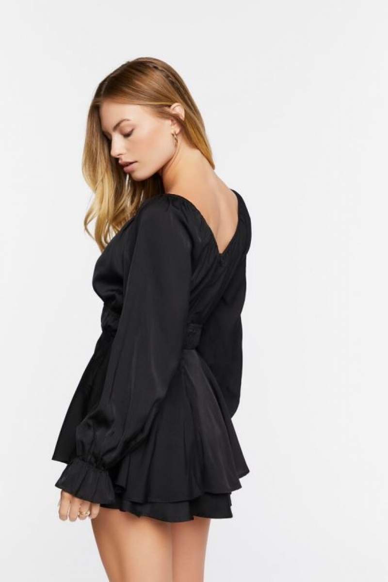 Jumpsuits Forever 21 Trumpet Sleeve Flounce Romper Mujer Negras | pRdHKSLKENP