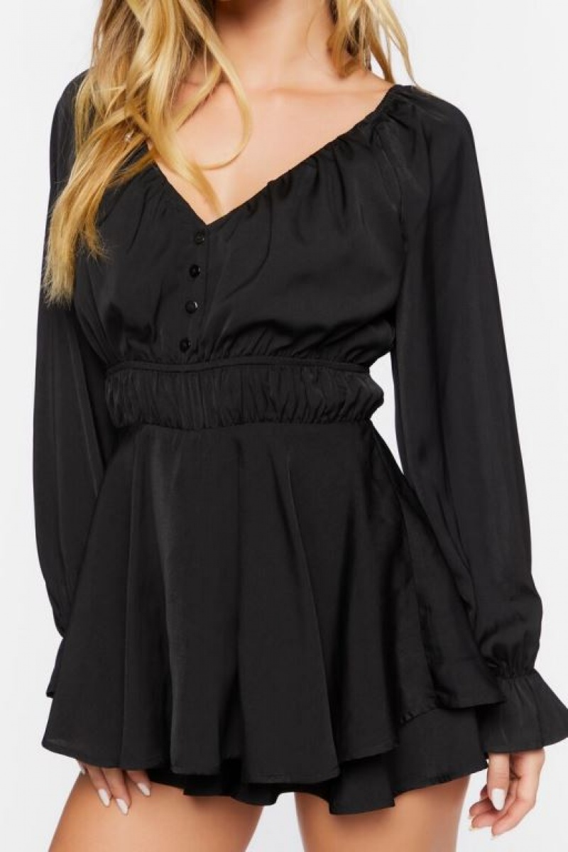 Jumpsuits Forever 21 Trumpet Sleeve Flounce Romper Mujer Negras | pRdHKSLKENP