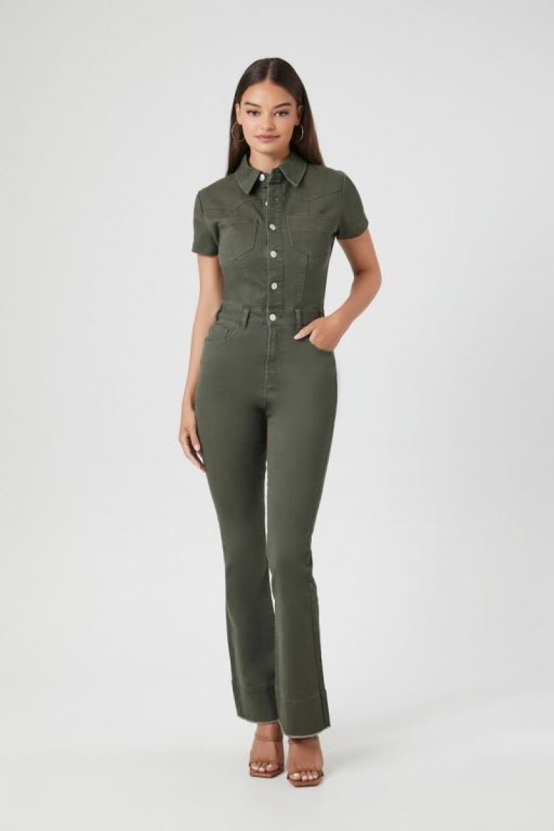 Jumpsuits Forever 21 Twill Coverall Jumpsuit Mujer Gris Verde | Vhp9DYZ4B8h