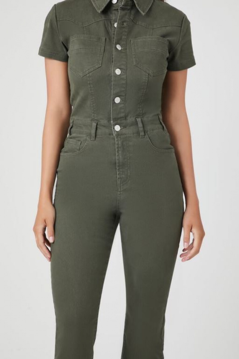 Jumpsuits Forever 21 Twill Coverall Jumpsuit Mujer Gris Verde | Vhp9DYZ4B8h